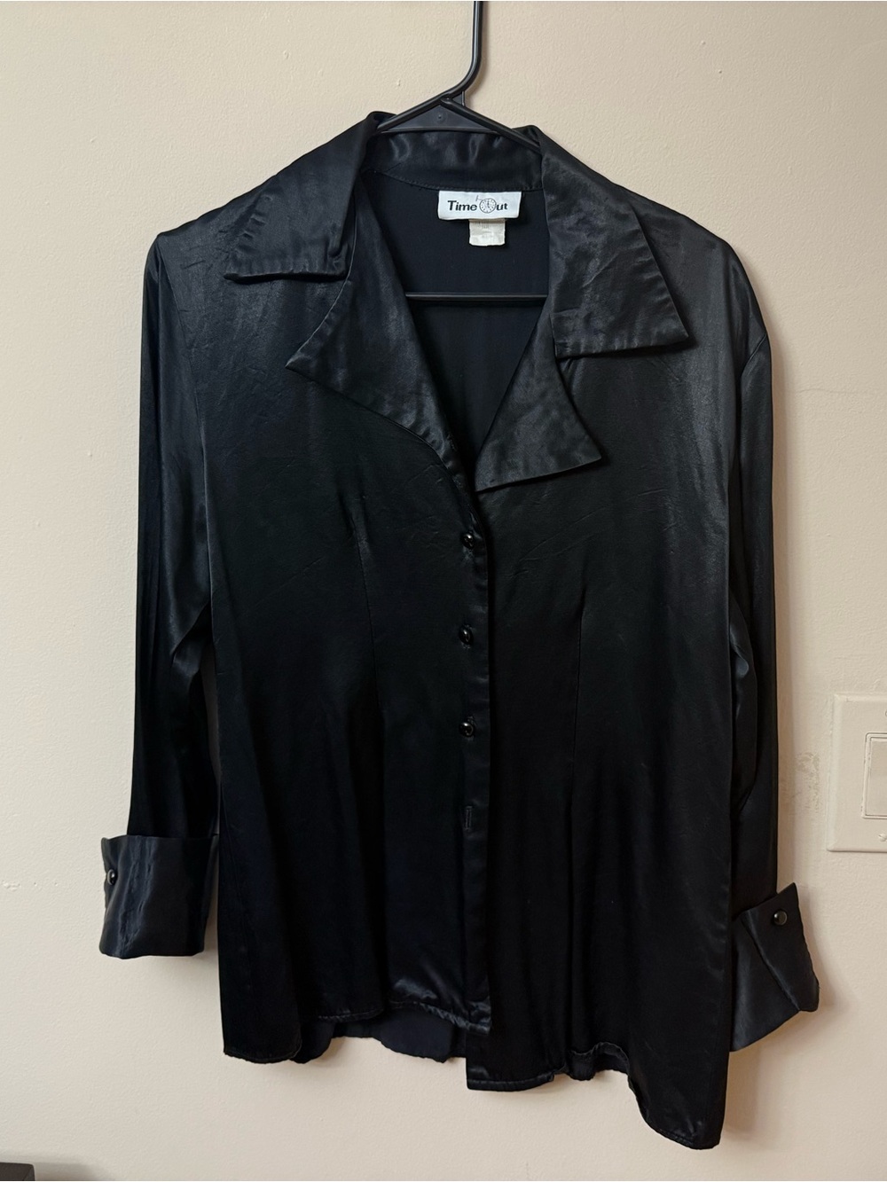 Vintage Time Out Black Satin Button-Up Blouse